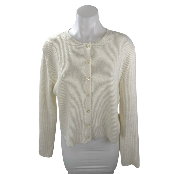 Stradivarius Women's Cream Long Sleeve Ribbed Knit Button Up Cardigan Sweater S