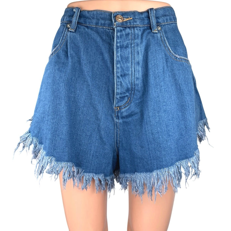 Free People Harlie Fringe Distressed Wide Leg High Waist Denim Jeans Short 29