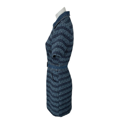 Jason Wu Blue Short Sleeve Striped Full Zip Tweed Denim Jean Shirt Mini Dress XS
