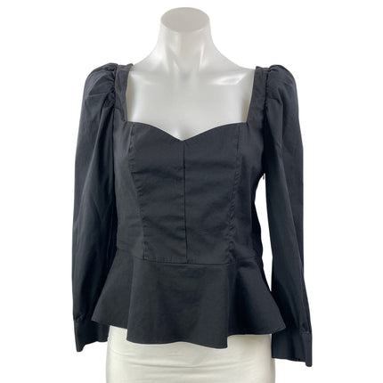 Zara Women's Black Puff Long Sleeve Sweetheart Flare Peplum Blouse Top Size S