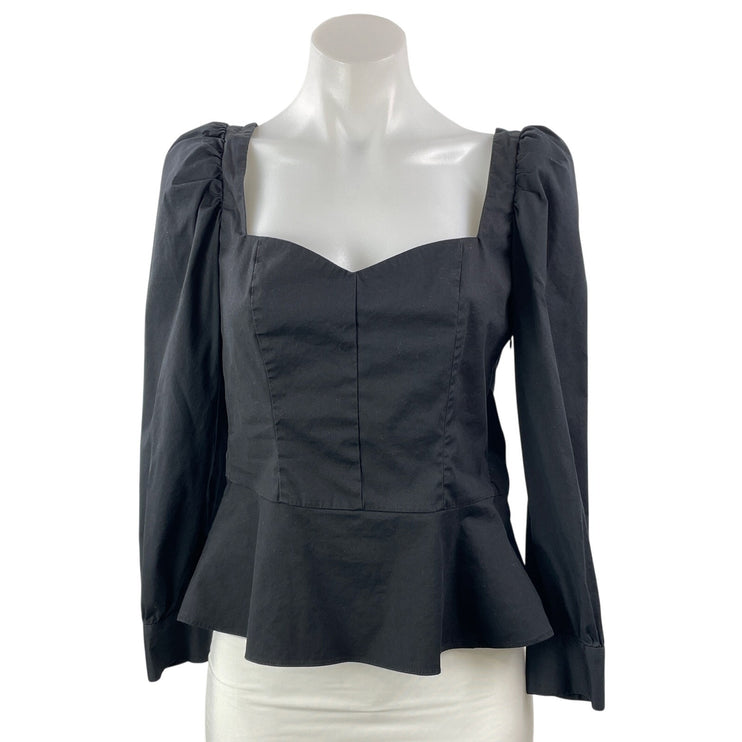 Zara Women's Black Puff Long Sleeve Sweetheart Flare Peplum Blouse Top Size S