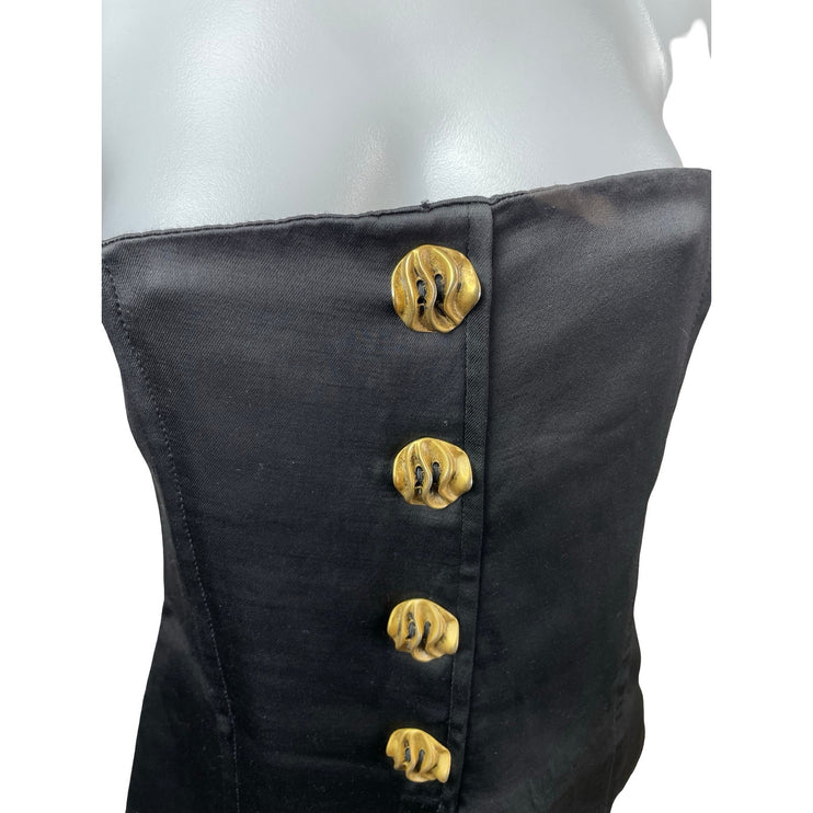 Women Black Gold Button Down Strapless Sleeveless Bandeau Tube Blouse Top Size L