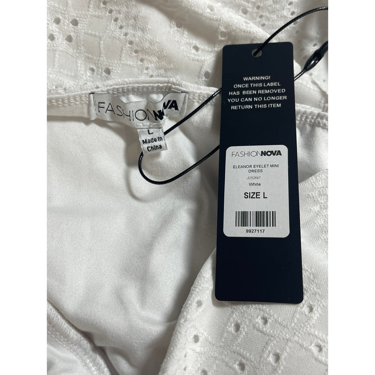 NEW Fashion Nova Eleanor White Embroidered Eyelet Ruffle Tank Mini Dress Size L