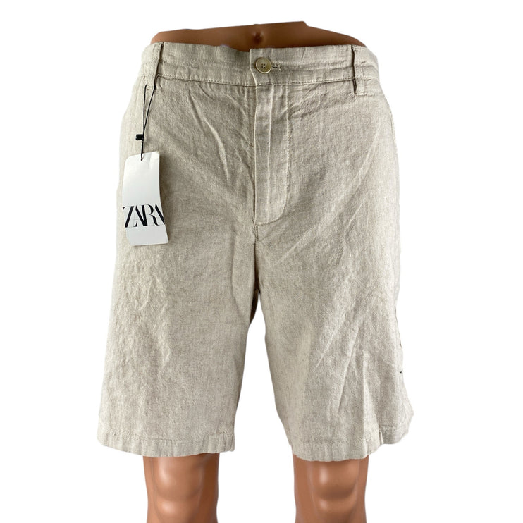NEW Zara Men's Beige Linen High Rise Pockets Chino Khaki Bermuda Shorts Size 36