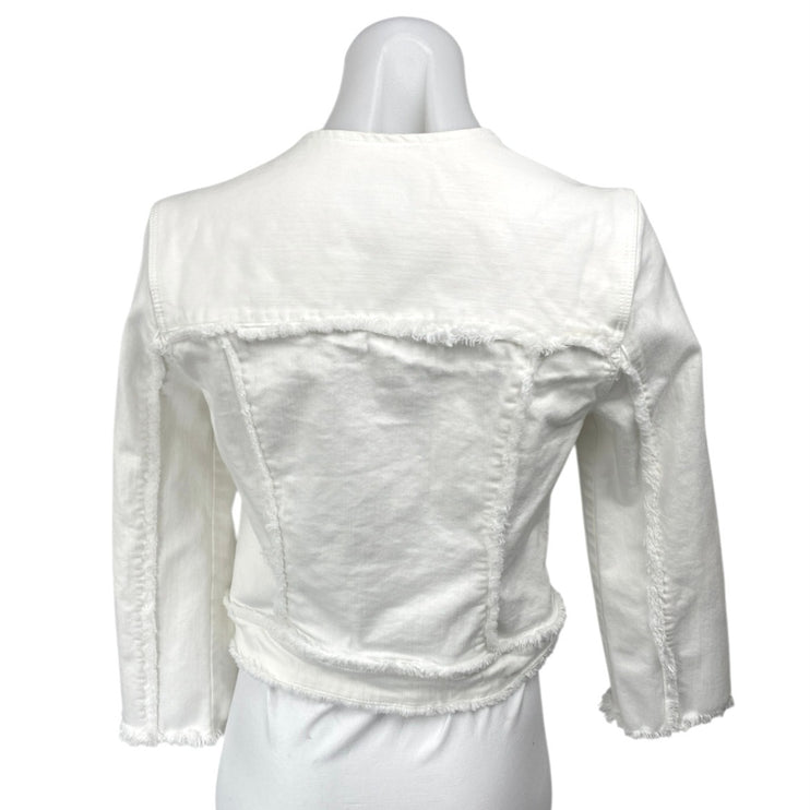 Liverpool Women's White Frayed Fringe Zip Up Long Sleeve Denim Jean Jacket Sz XS