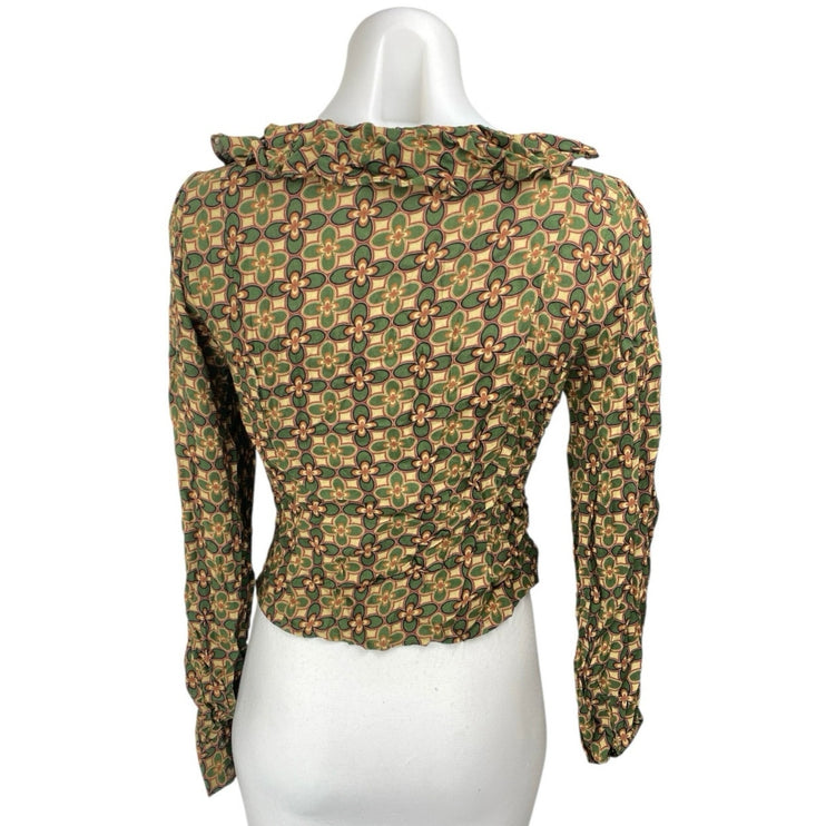 Lost + Wander Multicolor Floral Ruffle Puff Sleeve Tie Front Crop Blouse Top S