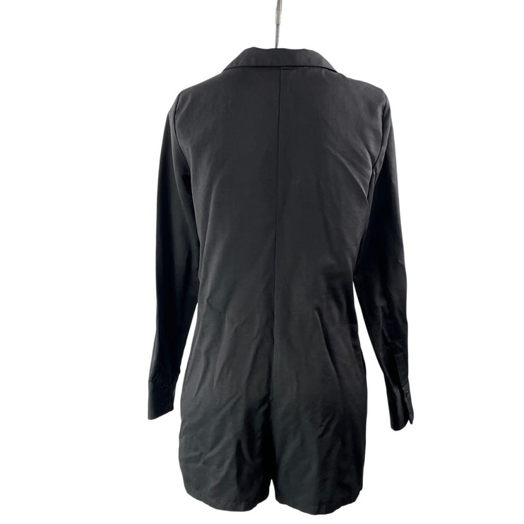 Zara Womens Black Button Down Long Sleeve Notch Lapel Shirt Romper Shorts Size M