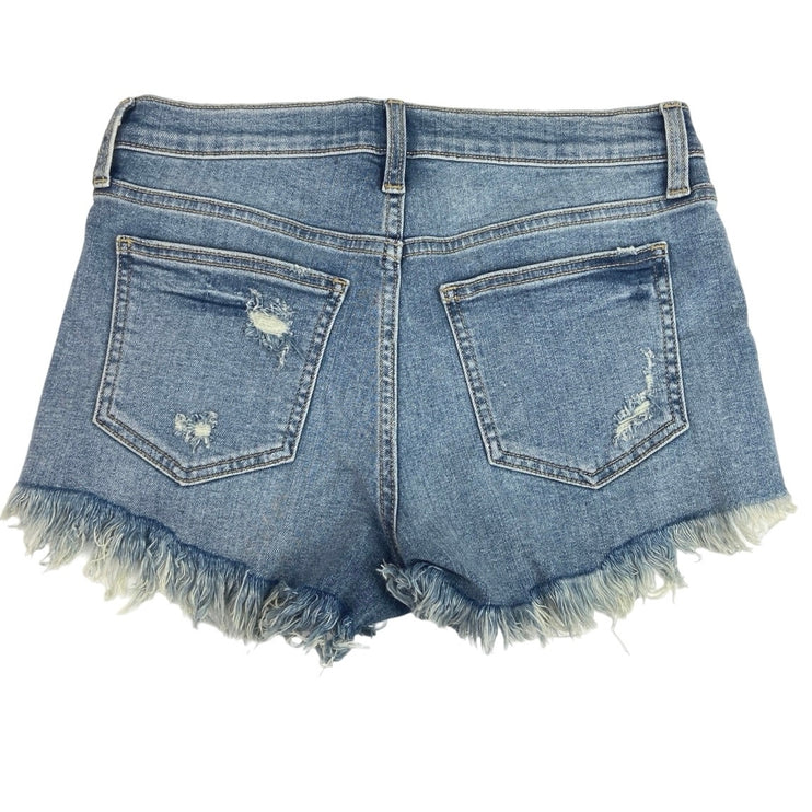 Fashion Nova Blue Denim Mid Rise Distressed Frayed Raw Hem Jean Walk Shorts Sz M