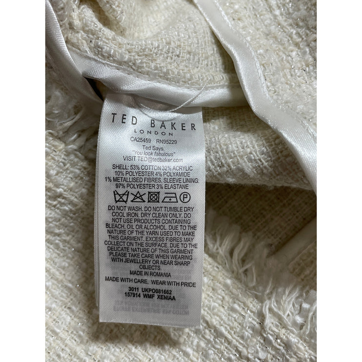 Ted Baker White Tweed Fringe Half Sleeve Full Zip Blazer Coat Jacket Size 2