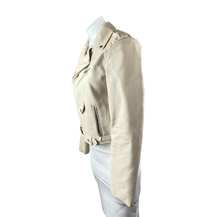 London Women's Cream Faux Leather Vegan Zip Motorcycle Biker Coat Jacket Size S