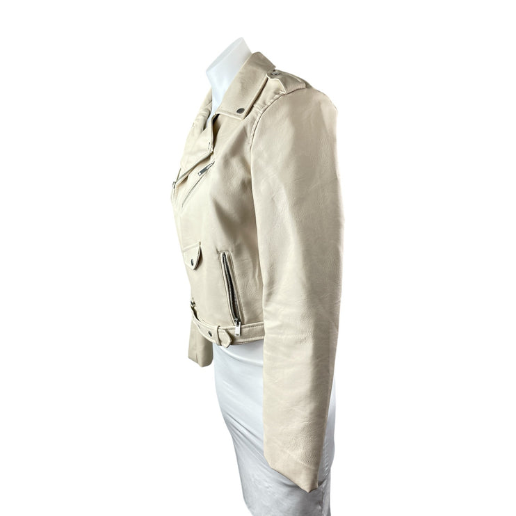 London Women's Cream Faux Leather Vegan Zip Motorcycle Biker Coat Jacket Size S