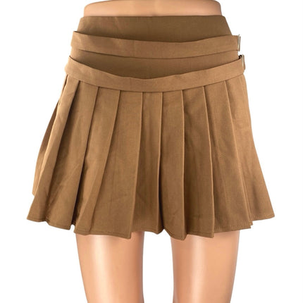 Salty Women's Brown Pleated Buckle Strap High Waisted Zip A Line Mini Skirt Sz M