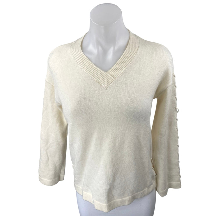 Charlie B Women's Cream White Knit Lace Up Long Sleeve V-Neck Sweater Top XS