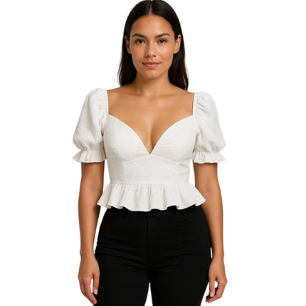 Shein White Floral Embroidered Short Puff Sleeve Ruffle Peplum Blouse Top Sz XL