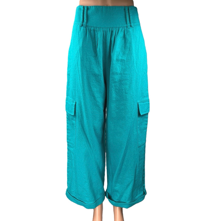Nativozza La Rouge Blue Linen High Waisted Baggy Loose Trouser Cargo Pants 38