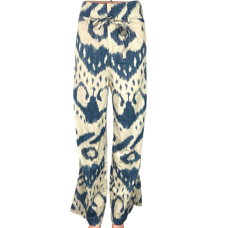 Zara White Blue Aztec Print High Waist Wide Leg Belted Tie Waist Trouser Pants M