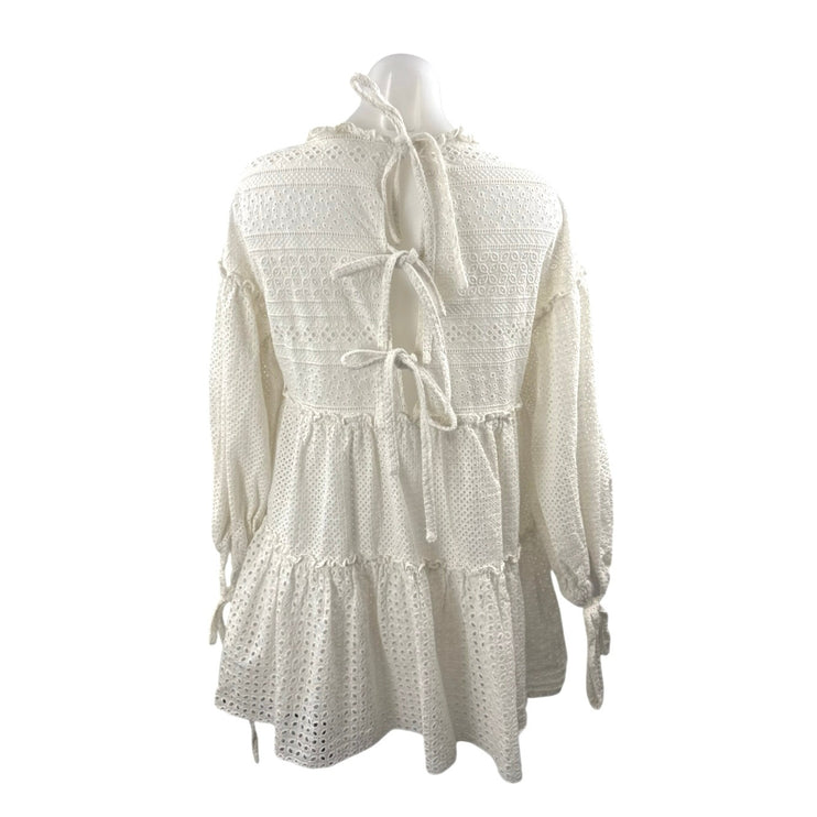 Women's Ivory Eyelet Embroidery Balloon Sleeve Tiered Mini Flare A-Line Dress S