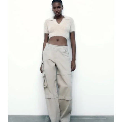 Zara Beige Short Sleeve Faux Fur V Neck Collared Polo Crop Sweater Top Size S