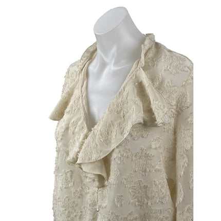 Zara Cream Beige Distressed Fringe Long Sleeve Ruffle Shirt Blouse Top Size S