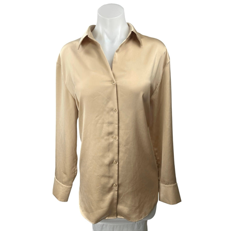 Uniqlo Women's Tan Silk Satin Collared Long Sleeve Button Down Top Size L