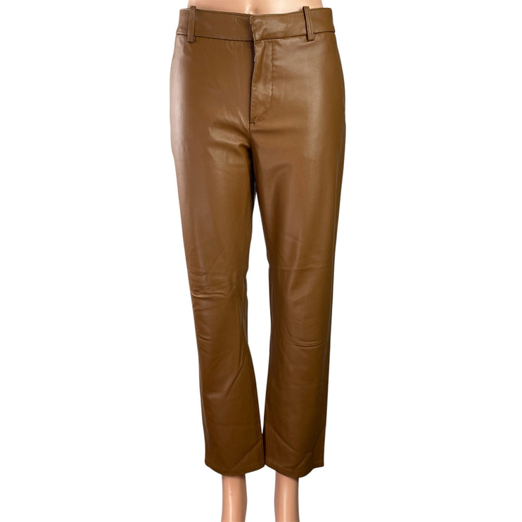 Zara Women's Brown Faux Leather Vegan Mid Rise Straight Trousers Pants Size 6