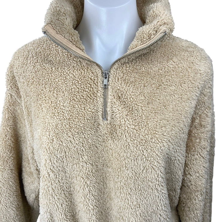 H&M Women's Beige Tan Half Zip Sherpa Fleece Pullover Crop Teddy Sweater Top XS