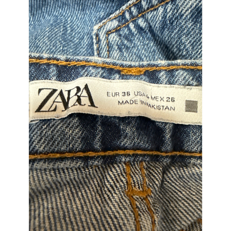 Zara Women's Blue Distressed High Waisted Straight Cropped Denim Jeans Size S