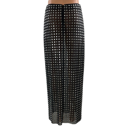NBD Zenni Women's Black Silver Crystal Rhinestone Embellished Mesh Maxi Skirts S