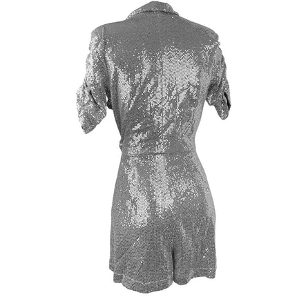 Zara Silver Metallic Sequin Sparkly Shimmer Short Sleeve Wrap Romper Shorts Sz S