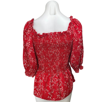 Max Studio Red Floral Ruffle Stretch 3/4 Sleeve Smocked Peplum Blouse Top Size M