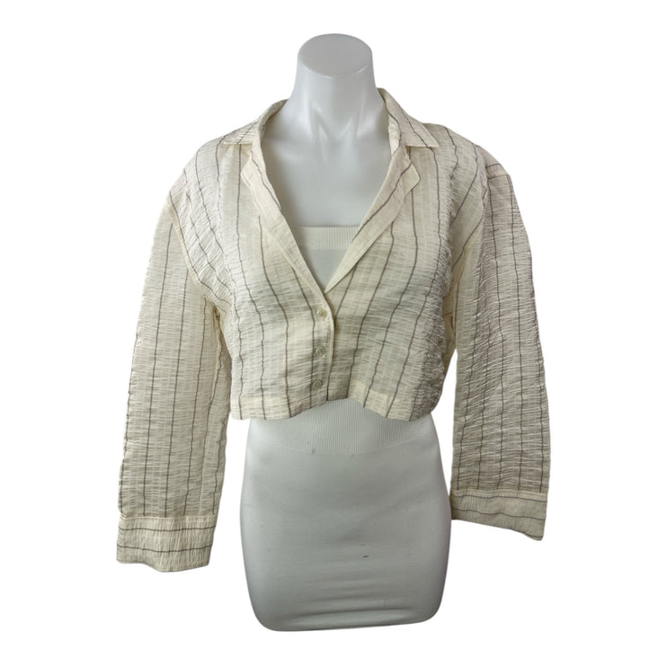 Zara Women's Cream Striped Crinkled Long Sleeve Cropped Blazer Shirt Top Size XS