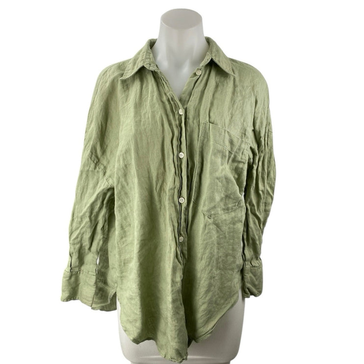 Zara Women's Green Long Sleeve Relaxed Fit Pocket Button Down Shirt Top Size M