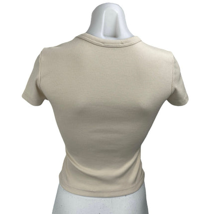 Zara Women's Beige Short Sleeve Ribbed Knit Crew Neck T Shirt Tee Top Size S