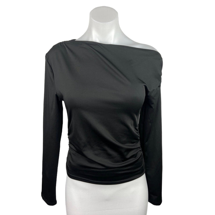 Women's Black One Shoulder Neck Stretch Long Sleeve Fitted Blouse Top Size S