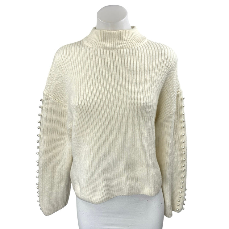 H&M Women's Cream Long Sleeve Pearl Beaded Turtleneck Knit Sweater Top Size XS