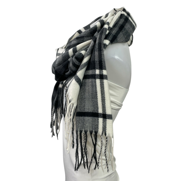 Marine Layer Women's Black White Plaid Check Fringe Wrap Shawl Neck Scarf OS