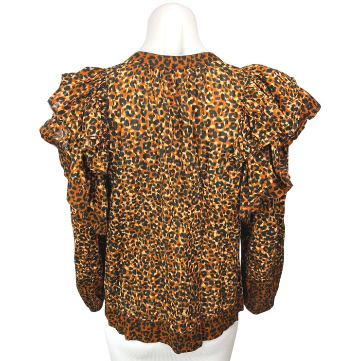 Ulla Johnson Brown Carissa Leopard Animal Print Tassel Tie Ruffle Blouse Top 0