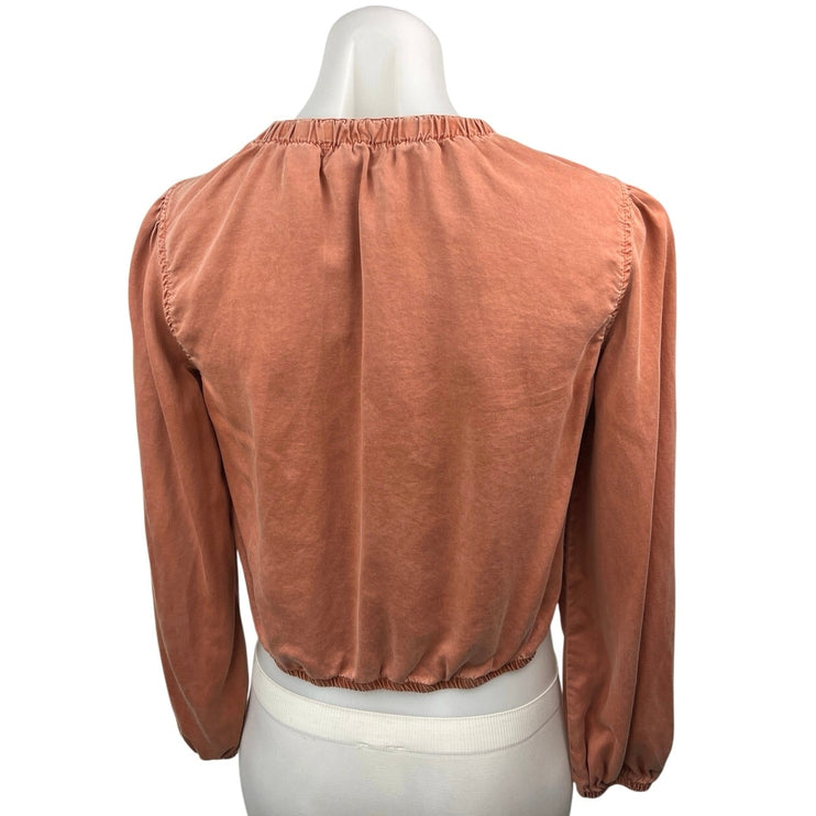 Bella Dahl Brown Suede Balloon Long Sleeve Crew Neck Pullover Crop Top Blouse XS