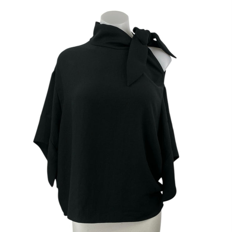 IRO Women Black Cutout Tie Neck Bow Relaxed Long Sleeve Poncho Blouse Top Size 6