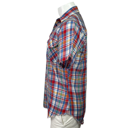Wrangler Mens Red Blue Plaid Checkered Short Sleeve Button Down Shirt Top Sz M
