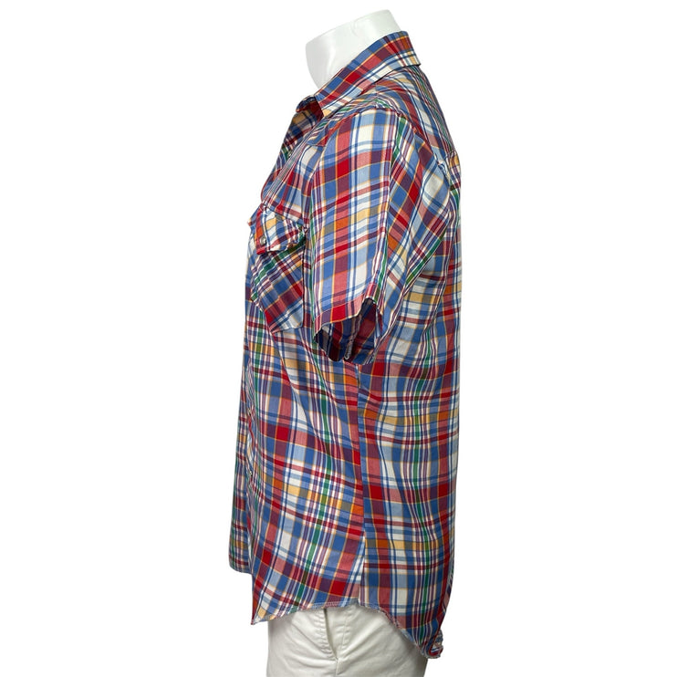 Wrangler Mens Red Blue Plaid Checkered Short Sleeve Button Down Shirt Top Sz M