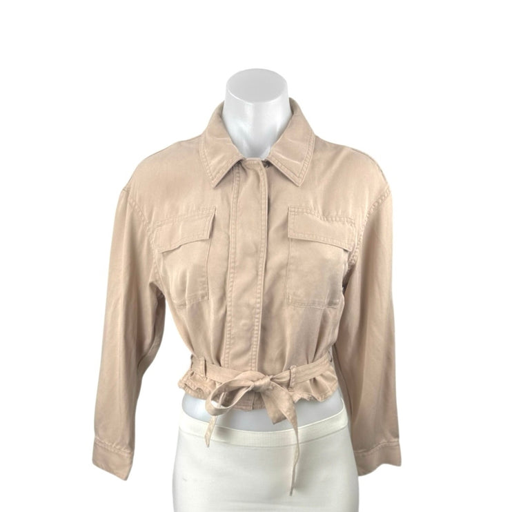 Bar III Women's Beige Long Sleeve Tie Belt Pocket Peplum Crop Shirt Top Size S