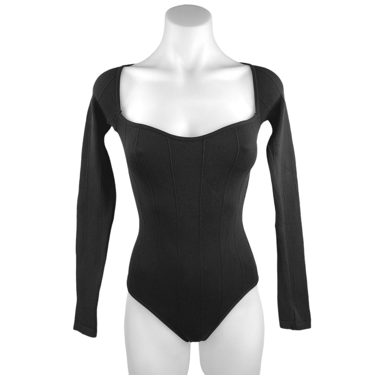 NEW Zara Black Ribbed Stretch Knit Sweetheart Neck Long Sleeve Bodysuit Top XS-S