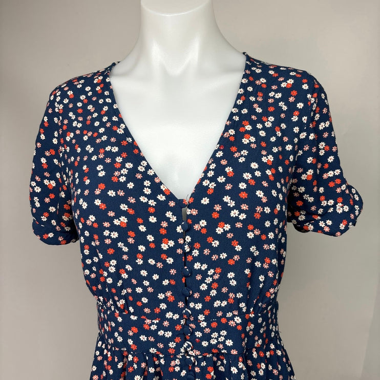 Madewell Women Navy Blue Daisy Floral Button Up Short Tie Sleeve Mini Dress Sz 4