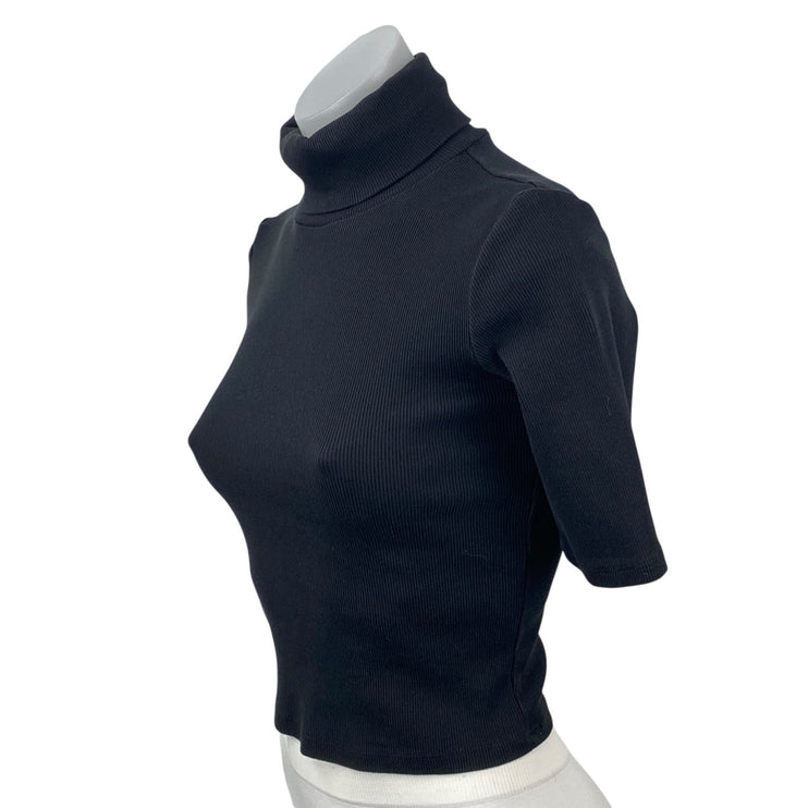 Zara Women's Black Ribbed Knit Turtleneck Half Sleeve Cropped Sweater Top Size S