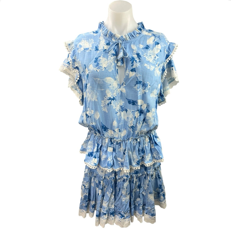 Misa Blue White Floral Ruffle Pompom Embroidered Tiered Mini Blouson Dress Sz L