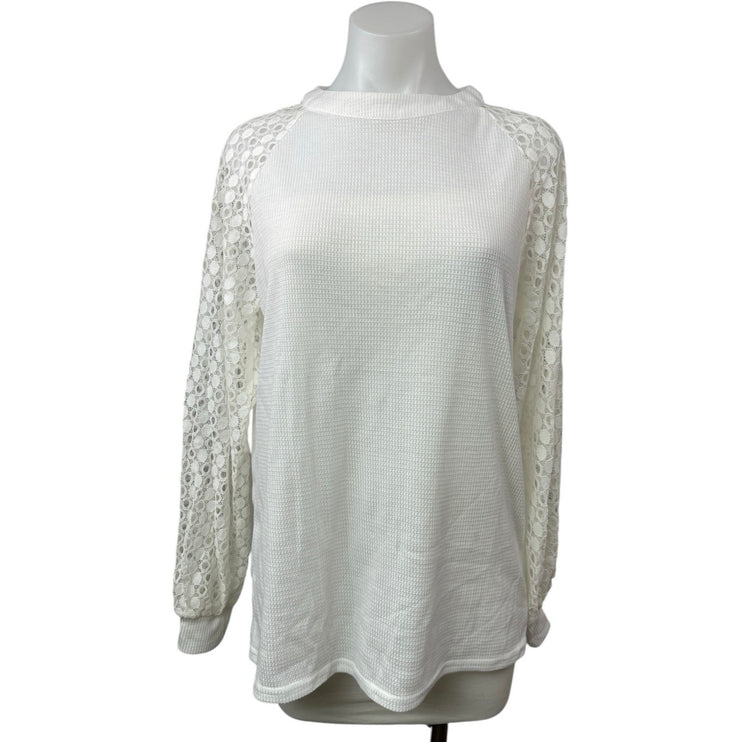 Miholl Women's White Lace Crew Neck Long Sleeve Waffle Knit Sweater Top Size M