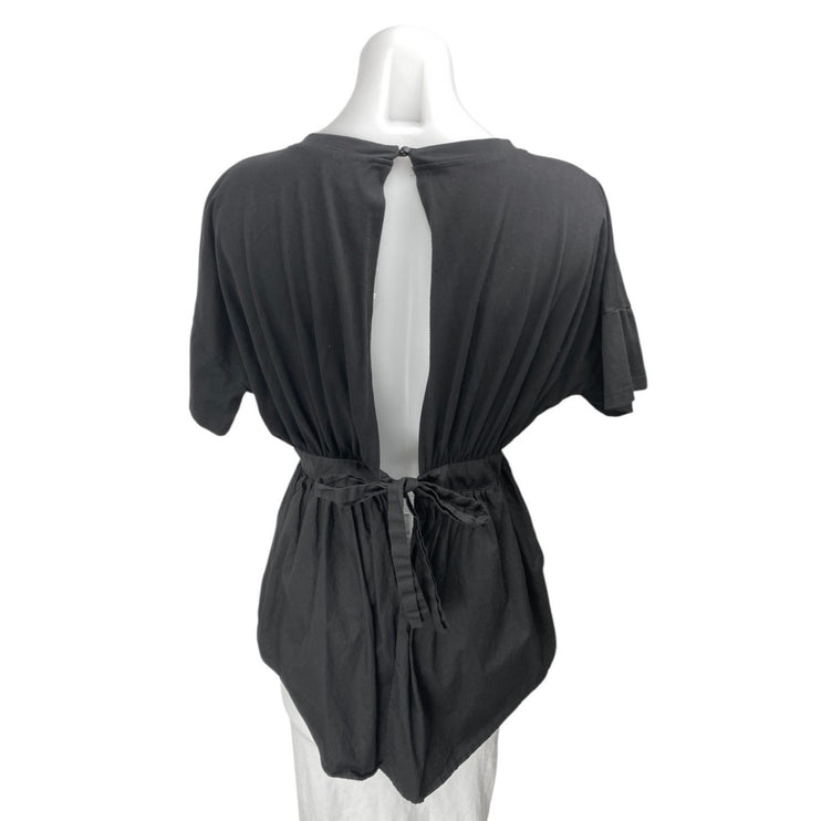 J. Brooks Women's Black Short Sleeve Ruffle Peplum Open Tie Back Blouse Top Sz M