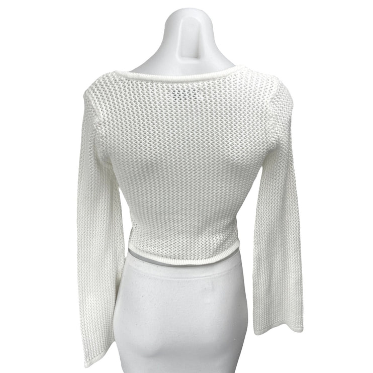 Hollister White Square Neck Open Knit Crochet Long Sleeve Crop Sweater Top Sz S