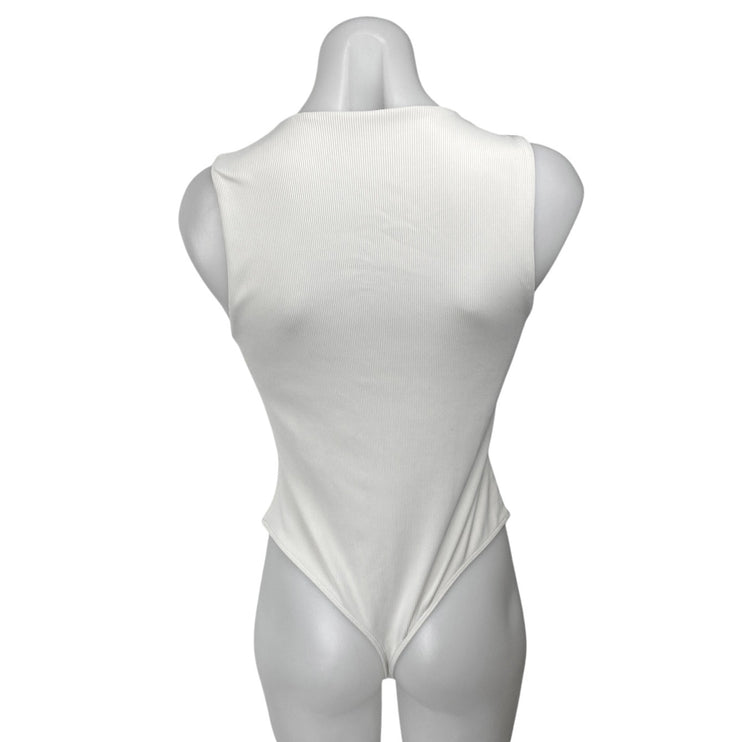 Aritzia Babaton White Sleeveless Ribbed Knit Tank Thong Bodysuit Top Size L